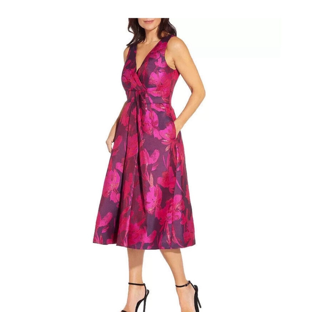 Aidan Mattox Floral Jacquard Midi Dress Women's Fuchsia Multi V-Neck Size 2